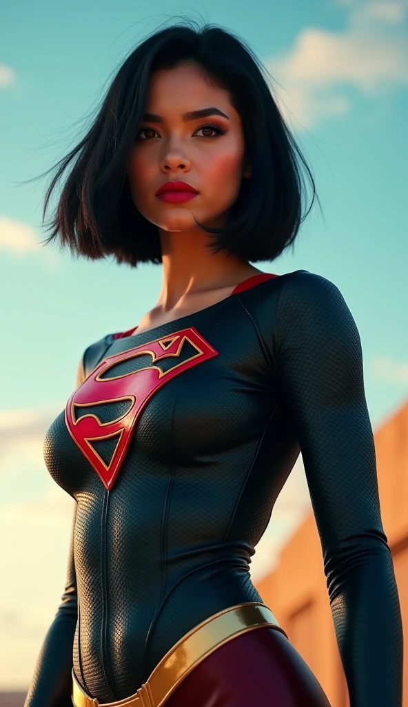 colombian girl, black hair, bob haircut, black eyes, supergirl in tight , supergirl costume, sky background, full body, ultra realistic professional photo, look at viewer, RAW photo