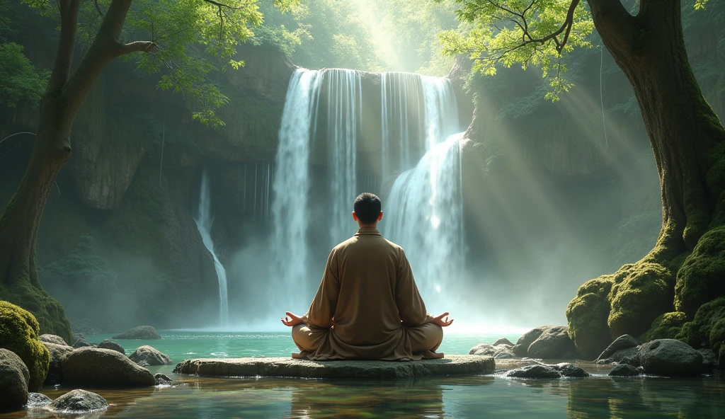 An Asian man meditating in the lotus position, dressed in a traditional brown robe, is sitting in the center of an ancient stone temple. ao redor, crystal clear waterfalls cascade down mossy rocks, surrounding the temple and creating a soft mist. Sunlight penetrates through tall trees, delicately illuminating the scene.