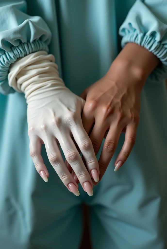 (photorealism:1.2), 2 girl hands holding each other, one of the girls has white skin, long pointy white nails and is hospitalised , the other girl is brown skin fat fingers holding the white sick girl hand, photo needs to be vertical like the brown girl is doing a photo
Only hands