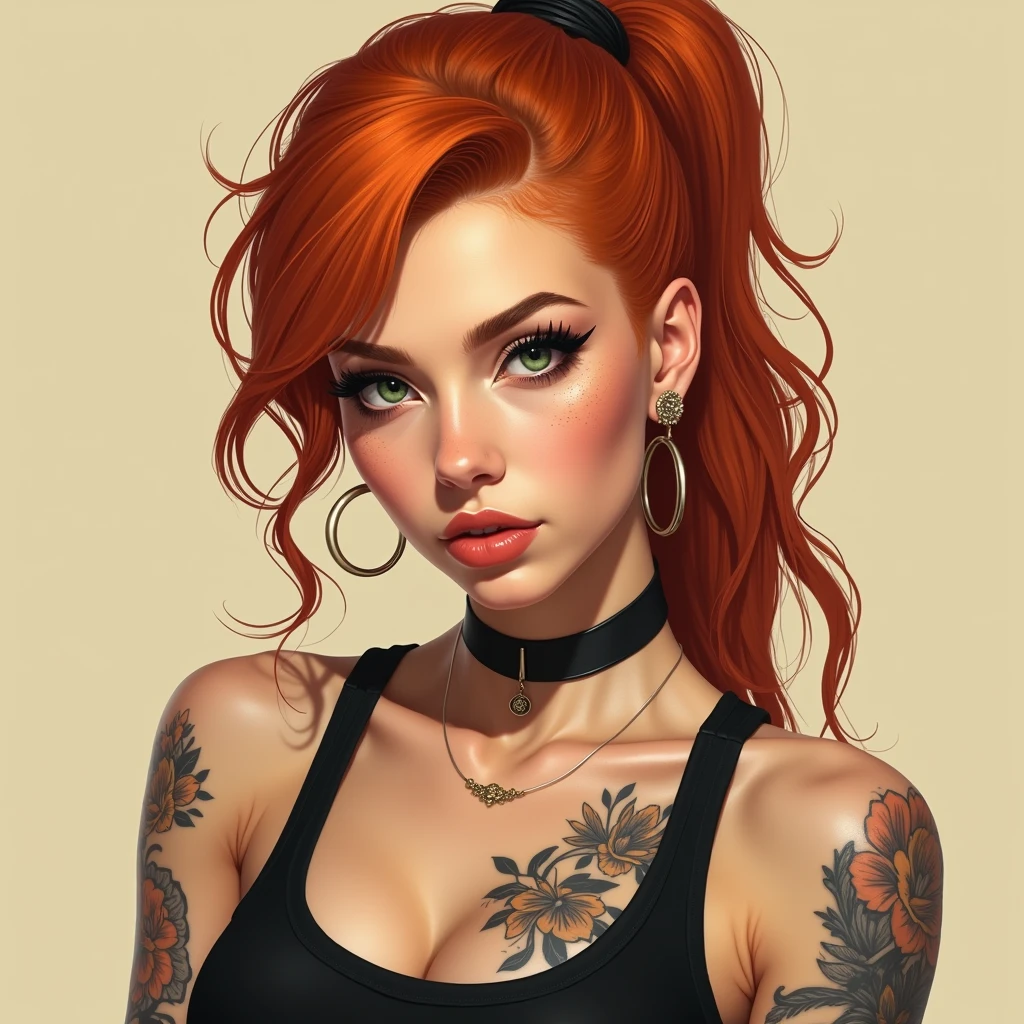 score_9, score_8_up, score_7_up, score_6_up, score_5_up, score_4_up, (masterpiece, best quality, high quality, highres, ultra-detailed), 1girl, portrait, green eyes, ponytail, ginger hair, freckles, facing viewer, eyeliner, black tank top, t4ts, tattoos, tattoo, ExpressiveH, beige background,