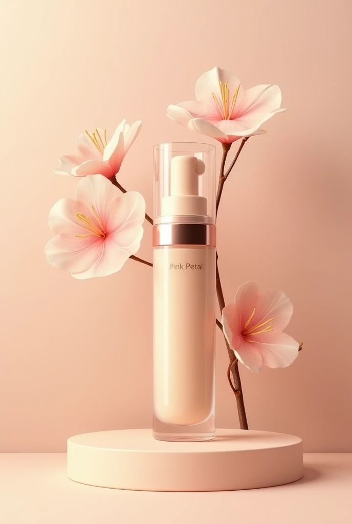 Create a foundation with elegant, floral packaging and colors that are beige and rosewood, that the shape is cylindrical and the product can be seen, that the name of the product is pink petal and that the content of the product can be seen.