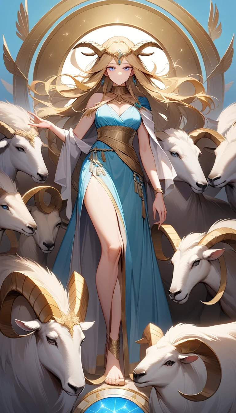 (Huang Li、high quality、Extremely detailed),Constellation - Goddess Capricorn,Giant goat,The goddess caresses the goat,Similar to Latin goodness,brave,capricious,Productivity,The face of enterprising and humanitarianism,Blonde Hair,Ancient Greek costumes、Wrap Dress,background is heavenly,Light crystal blue eyes(Eyes Details),Powerful appearance