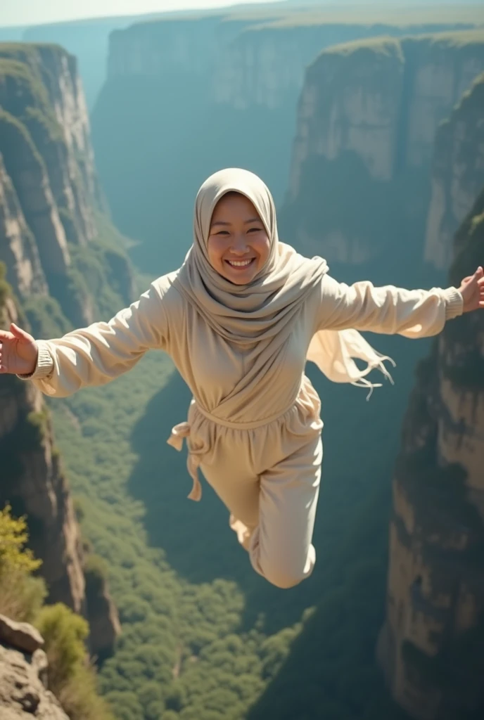 A asian woman with long hijab flowing wearing long cream overall jeans, jump free fall on the edge of a steep and terrifying cliff, face Smilling looking at the camera