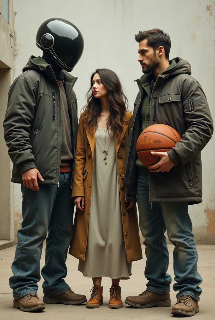 Two men, one with a helmet covering his entire head and the other with a basketball, with brown hair, watching a woman with long hair. 
