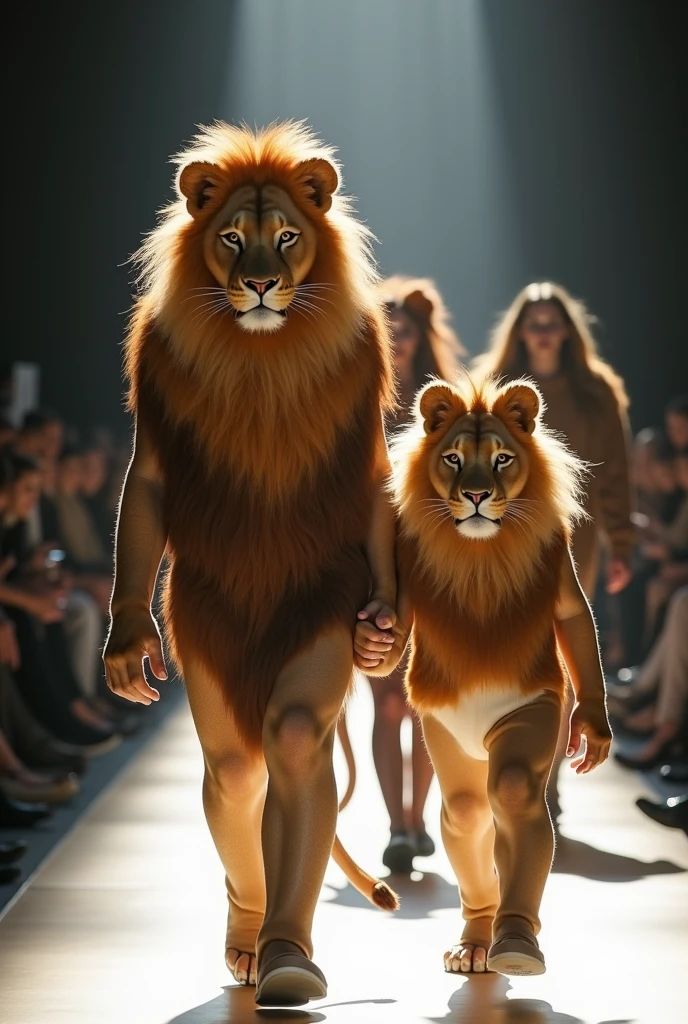Excessive detail: mother, daughter and boy dressed as lions walking in a fashion show just like in real life.