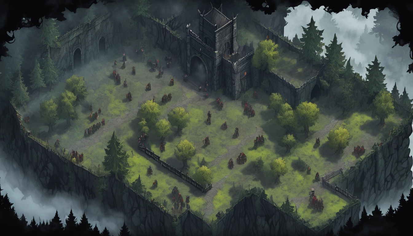 top-down, top down map, grimdark, dark fantasy, fantasy, medieval, top down, forest, trees, massive walls, dark theme, people, warriors, mist, fog, dystopic, mist theme