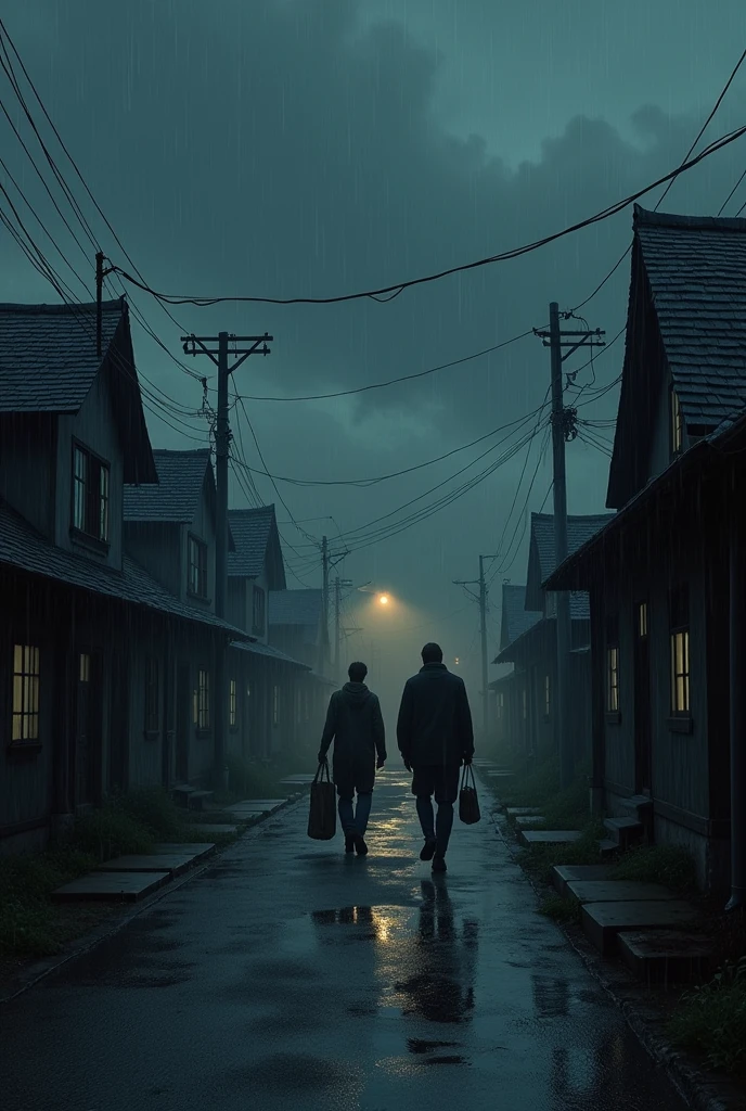a sad night of heavy rain and dark clouds in a small town