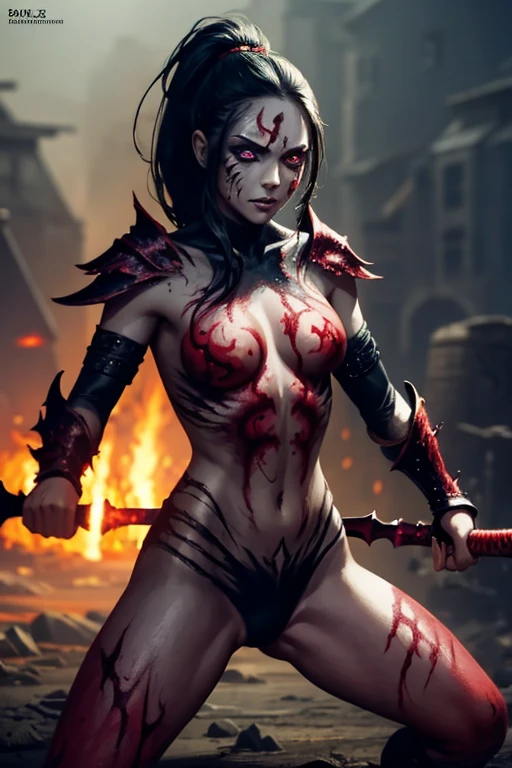girl, Rotten Zombie Warrior, Evil look, sexy, Wield a spear, Demon Armor, Face Paint, Body Paint, Red glowing eyes, Combat Stance, Vibrant appearance, Creative Action, Imaginative, Sensual, Voluntary, Highest quality, Skin Texture, Intricate details, (Cinema Lighting), RAW Photos, 8k