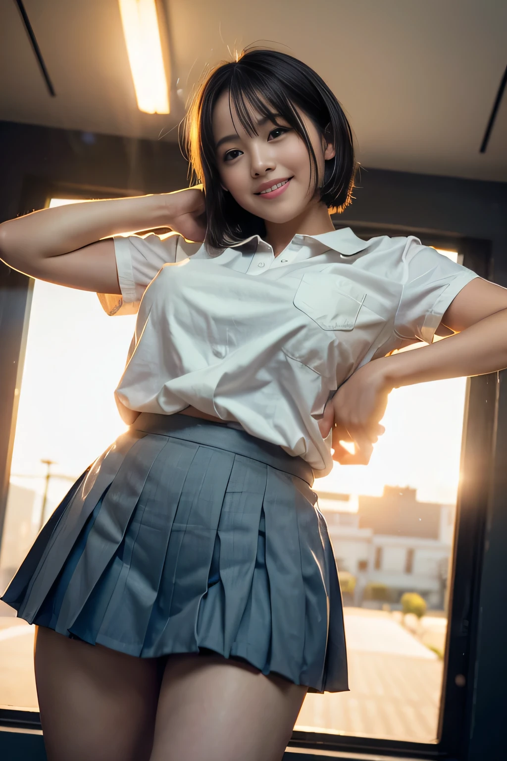 highest quality, masterpiece, Ultra-high resolution, (Reality: 1.4), Original photo, 1 woman, mature, happy smile, short hair, plump body, sagging breasts, Cinema Lighting, from below, Schoolgirl uniform, White short sleeve shirt, Pleated Skirt, sunset, cowboy shot、High school girls after school,