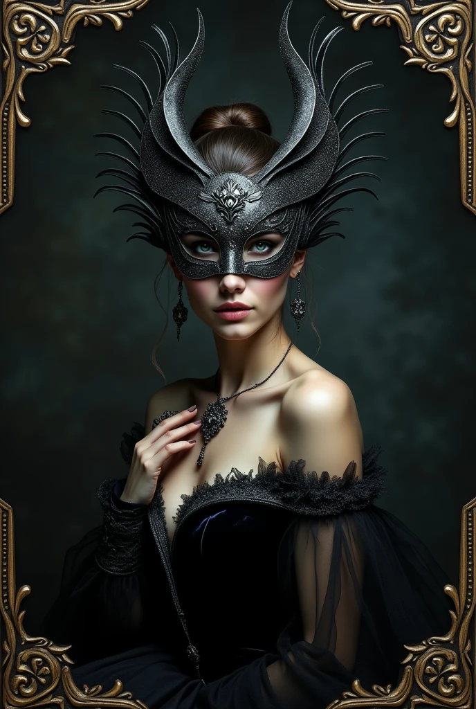 The image shows a woman in the foreground, with an elegant pose. She wears an intricately designed mask that covers the upper part of her face.. The mask is dark in color with silver detailing and elaborate ornamentation that gives it an almost baroque or gothic look.. The mask has pointed shapes that extend upwards, giving it a majestic and mysterious air.

The woman has her hair up in a high, sophisticated bun., with a few loose strands falling softly to the sides of her face. His skin is pale, standing out against the darkness of her outfit and the background. She wears a dark dress, probably velvet or silk, with a neckline that leaves her shoulders exposed. The dress has a detailed and elegant design., in keeping with the sophistication of the mask.

The woman wears a pendant hanging from her neck, which has a complex design and appears to be made of dark or silver metal, complementing the overall aesthetics of the image. His left hand is slightly raised, touching the pendant, adding a touch of delicacy and mystery to her pose.

The background of the image is dark, but you see a kind of halo or soft light surrounding the woman&#39;s figure, creating a contrast that makes it stand out even more. There are decorative details on the edges of the image that frame the protagonist., giving it the look of an antique portrait or ornate frame, which adds a touch of elegance and timelessness to the cover.