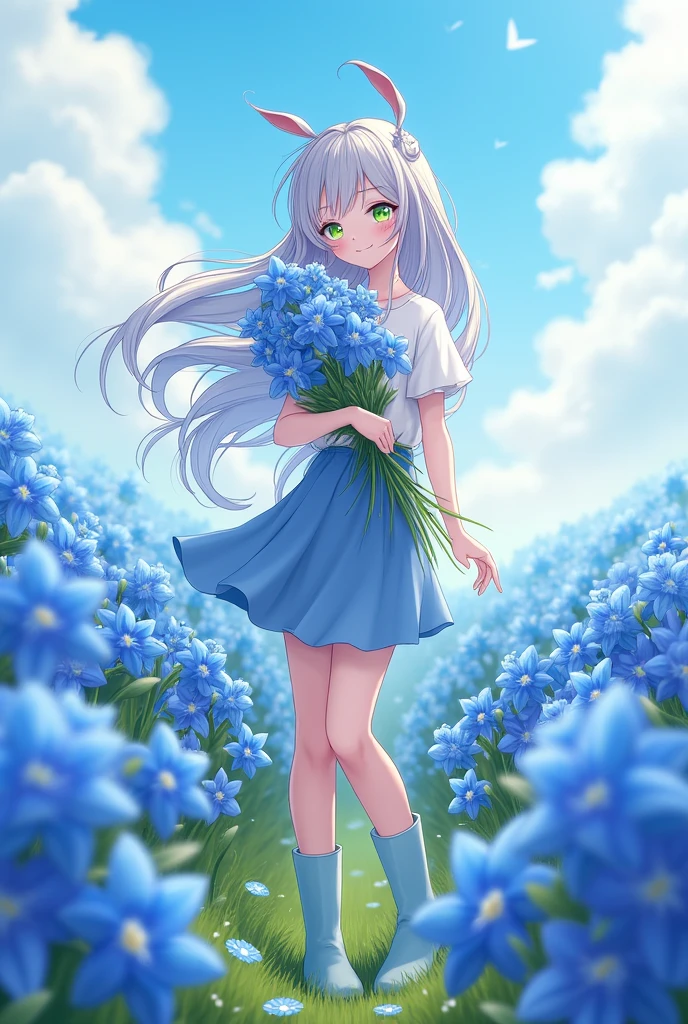 Image description:
main character:
name: Bunnyx Chronia Aurelia Idade: 18 years Features:
body hair: Long and gray, flowing gently to the waist.
eyeballs: Big and green, expressive and bright, reflecting a cheerful countenance.
cheeks: Naturally pink, adding a touch of sweetness.
vestimentas: Light blue skirt, cotton blouse in the same tone with subtle white details, and light blue boots.
Specification: Bunnyx is a human.
Action: Bunnyx is smiling and holding a bouquet of blue lilies, interacting happily with the flower field.
Scenario:
enviroment: Vibrant field of blue lilies.
sky: clear and sunny, with soft lighting that enhances the beauty of the scene.
atmosphere: The light breeze makes Bunnyx's gray hair sway gently, creating a feeling of serenity and joy.
Additional Notes:
Bunnyx's expression should convey joy and contentment.
The setting should reflect a cheerful and natural atmosphere, with predominant blue lilies.
The cover should convey a sense of connection and happiness in the environment..