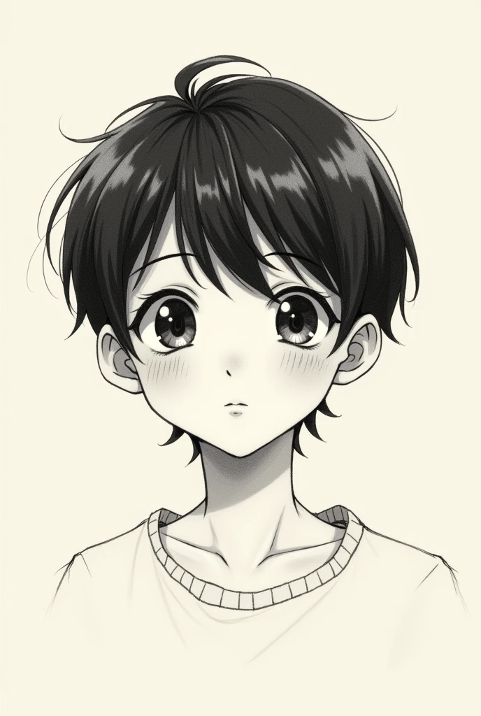 You can generate a dark brown eyed boy, White skin, black hair and cute shoujo style as if it were drawn on a sheet of paper and pencil