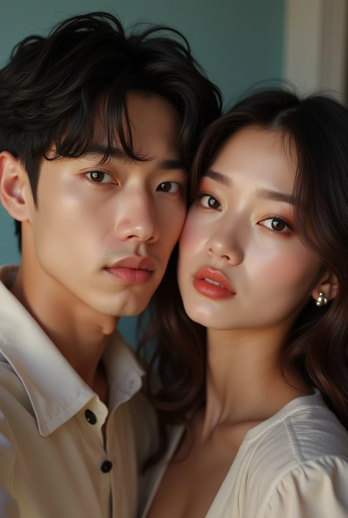 Two people in a selfie, A man with the face of Taehyung from BTS and a woman with the face of Karina from AESPA