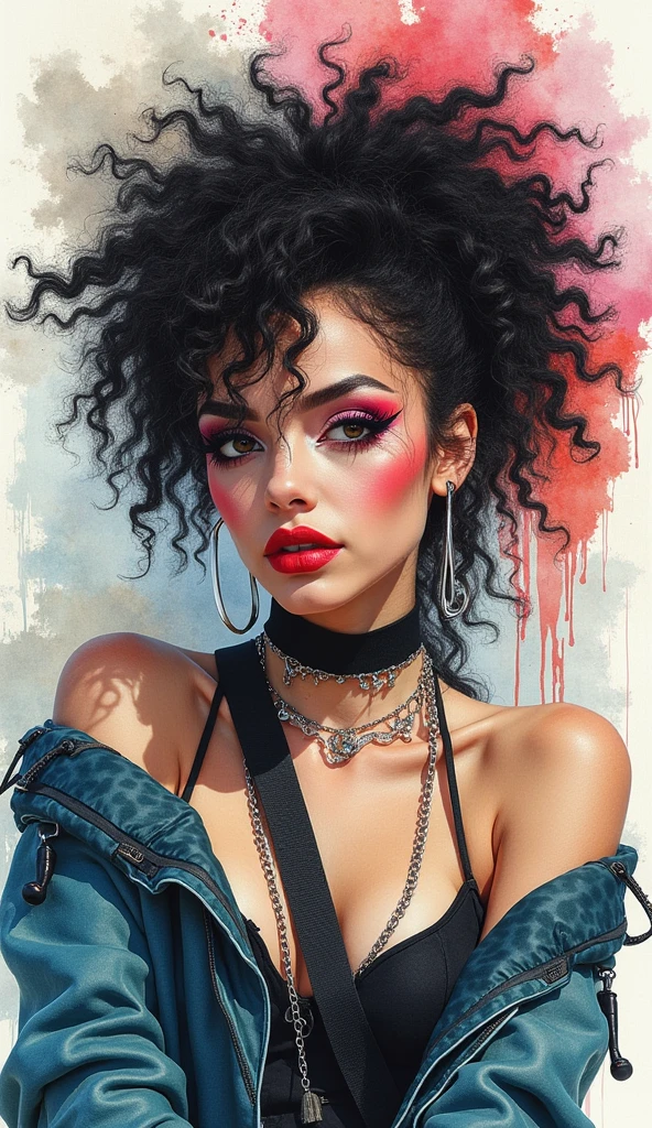 8K quality, watercolor painting, stylish design (masterpiece:1.2, best quality), (1lady, solo, upper body, big) The clothes ar:avant-garde,avant-garde,Experiment with appearance:curlies,Dramatic makeup,Unconventional fashion choice behavior:rebelliousness、non-conformist、Provocation location:urban art district、Underground music venues Hobbies:Participation in punk shows、creating mixed media art、Try different subcultural values:individuality、Realiy、Creative expression of inspiration:Punk rock music、Counterculture icons,Avant-garde art movement character traits:boldness、boldness、act outside the box。