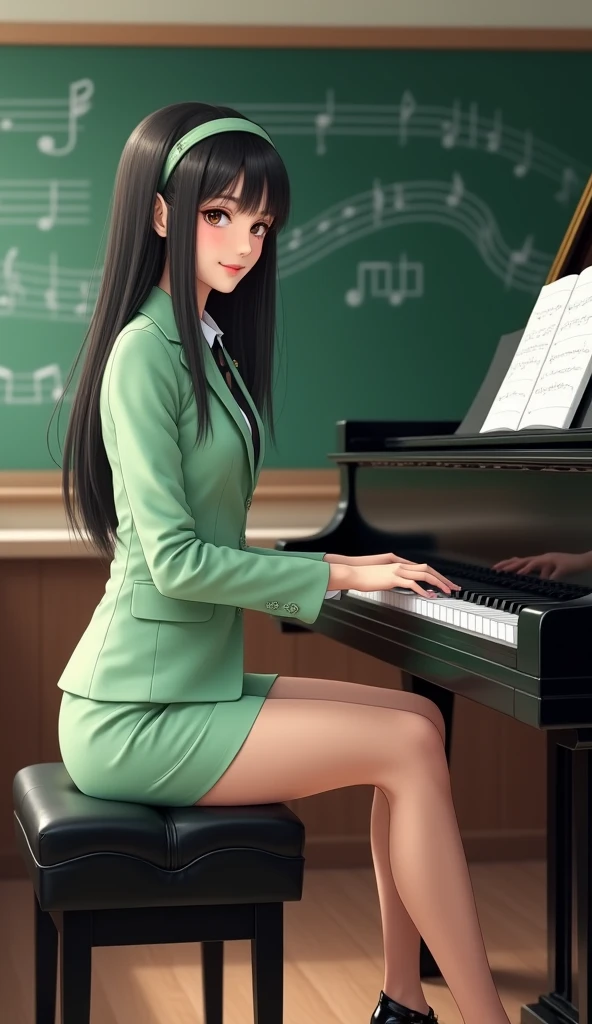 One girl, Japanese 30 years old,A gentle smile with a charming face,High resolution, Highest quality,School Music Room,A simple light green hairband,Straight long hair ,Long, slender legs,White light natural light,Bright visibility all the way to your feet,Black Hair,Light green business suit,Light green mini skirt,Light green patent leather high heels,Shiny dark black stockings,Black garter belt,Playing the grand piano,Hands on the piano keys,The blackboard in the background has musical staves and notes written on it.,Diagonal composition,