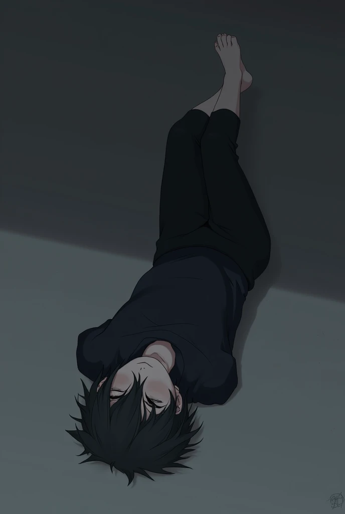 Make an anime character on the floor, the character has short, channel hair, He wears a black shirt., black pants