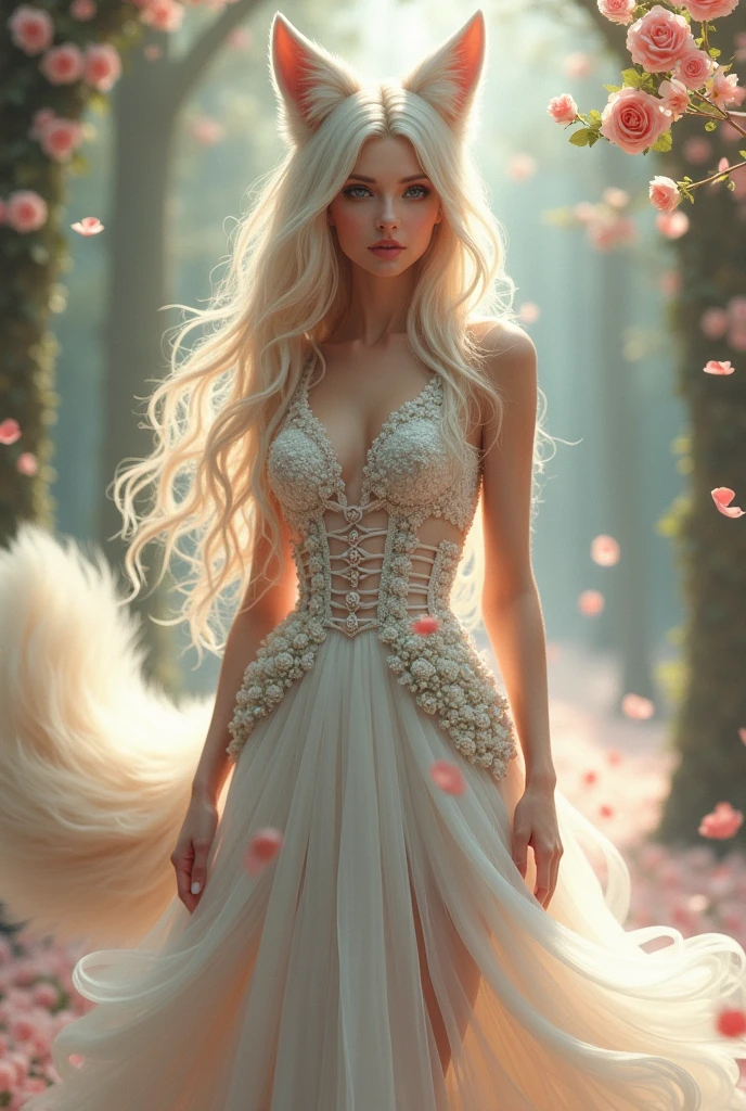 Rose,Rose瓣,Elegant temperament,Nine-tailed fox girl,long flowing hair,Big breasts,露肩白色Rose婚紗裙,Ladder Walker,Fantasy effect,
