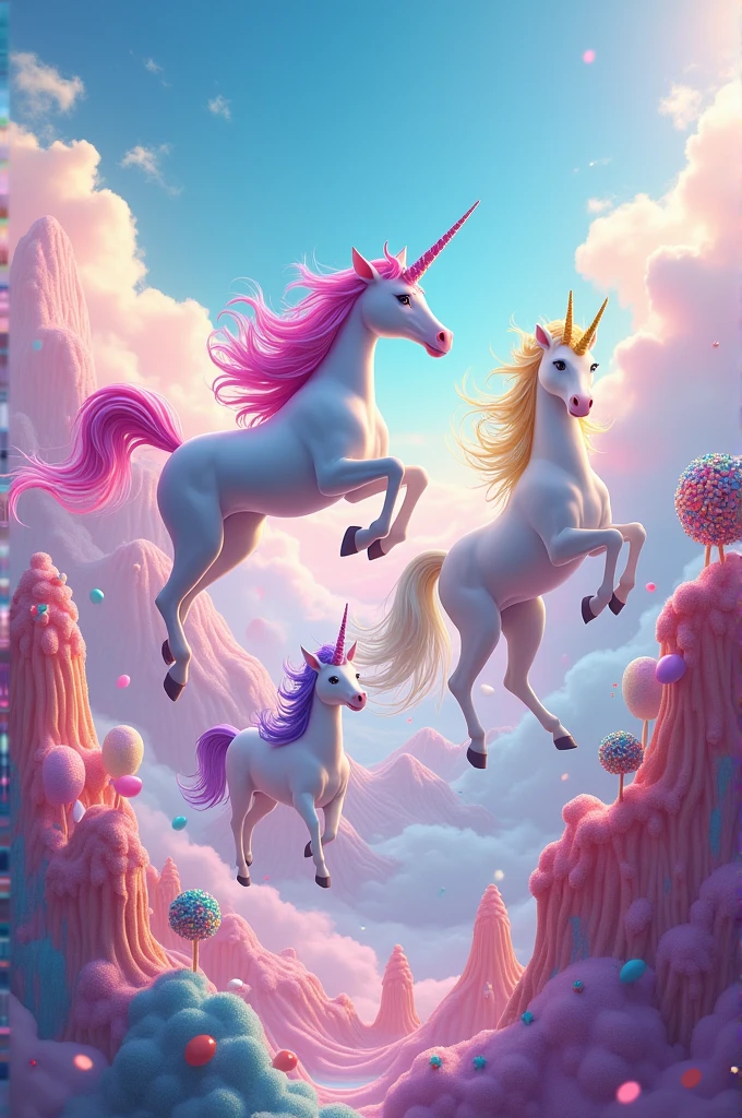 Create a picture with four colorful unicorns flying over mountains of candy. They are saying PLEASE EXCUSE ME 