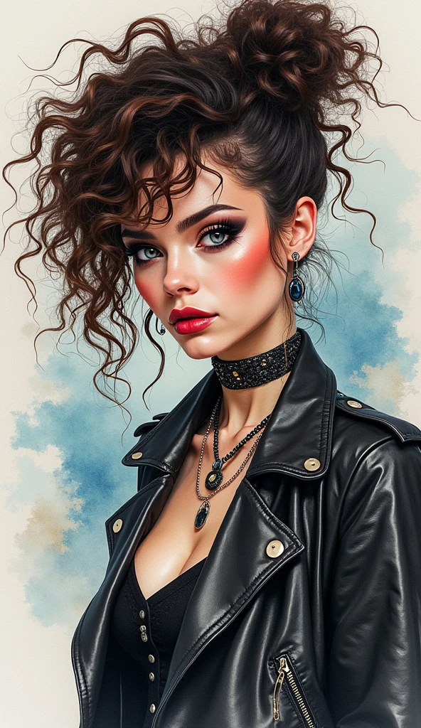8K quality, watercolor painting, stylish design (masterpiece:1.2, best quality), (1lady, solo, upper body, big) The clothes ar:avant-garde,avant-garde,Experiment with appearance:curlies,Dramatic makeup,Unconventional fashion choice behavior:rebelliousness、non-conformist、Provocation location:urban art district、Underground music venues Hobbies:Participation in punk shows、creating mixed media art、Try different subcultural values:individuality、Realiy、Creative expression of inspiration:Punk rock music、Counterculture icons,Avant-garde art movement character traits:boldness、boldness、act outside the box。