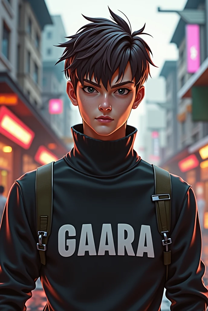 Free Fire style male character, with short brown hair, eyes black, turtleneck shirt with the name GAARA written on it