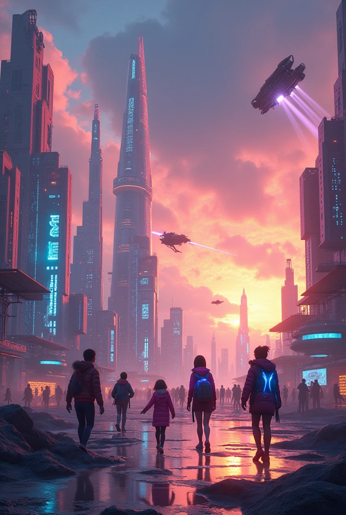 A futuristic cityscape at twilight, where the buildings are made of crystalline structures that change colors based on the time of day. Flying vehicles zoom between the skyscrapers, casting dynamic shadows on the ground. In the foreground, a group of diverse characters, each with unique, glowing accessories and digital pets, are interacting and exploring this vibrant environment. The sky is filled with a blend of orange, purple, and deep blue hues, dotted with digital stars. The overall mood is a blend of excitement and wonder."**