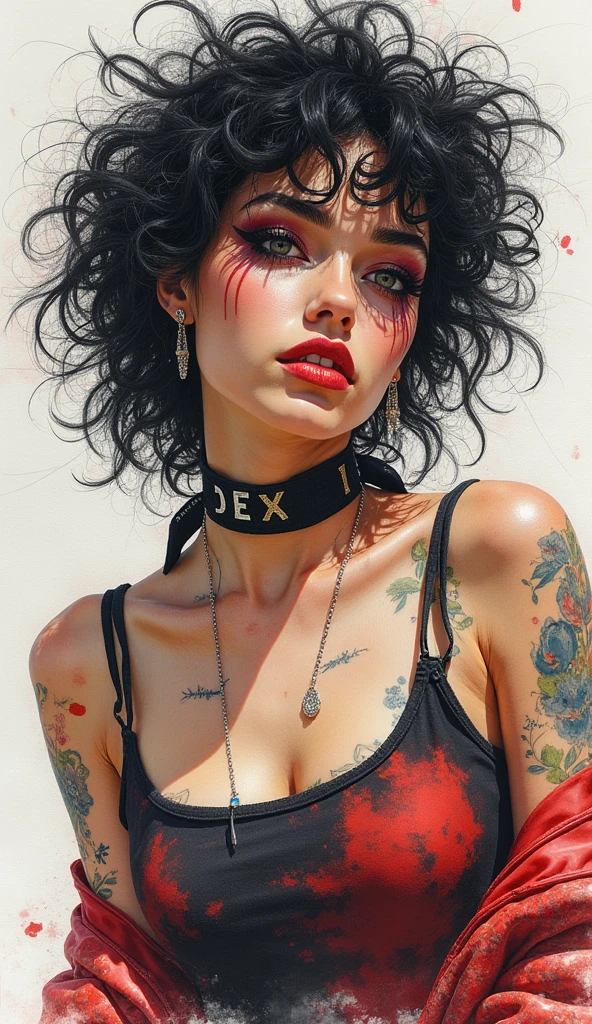 8K quality, watercolor painting, stylish design (masterpiece:1.2, best quality), (1lady, solo, upper body, big) The clothes ar:avant-garde,avant-garde,Experiment with appearance:curlies,Dramatic makeup,Unconventional fashion choice behavior:rebelliousness、non-conformist、Provocation location:urban art district、Underground music venues Hobbies:Participation in punk shows、creating mixed media art、Try different subcultural values:individuality、Realiy、Creative expression of inspiration:Punk rock music、Counterculture icons,Avant-garde art movement character traits:boldness、boldness、act outside the box。