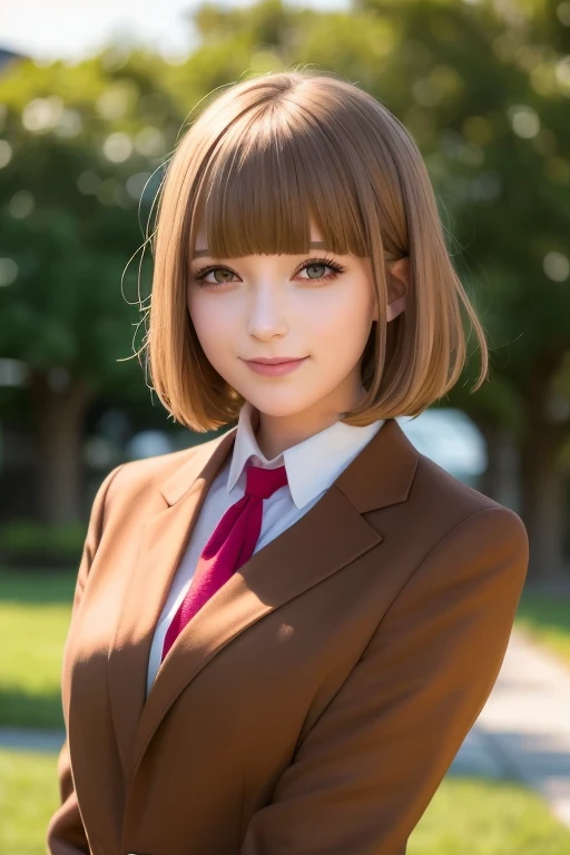 (masterpiece,Highest quality, detailed), One girl, alone, Outdoor, evening, Upper Body, smile, Mouth closed, Squint your eyes, eyelash,(Blink)
midorikawa hana, Brown jacket, Neck ribbon, Collared shirt, school uniform