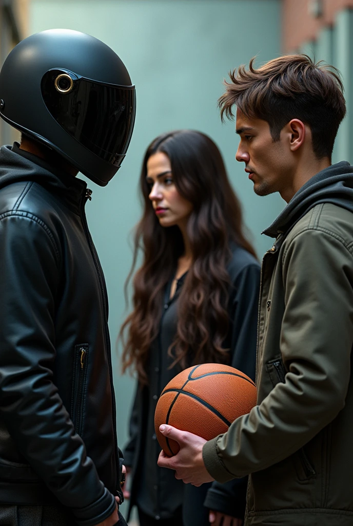 Two men, one with a motorcycle helmet that covers his entire head and the other with a basketball, with brown hair, watching a woman with long hair. 