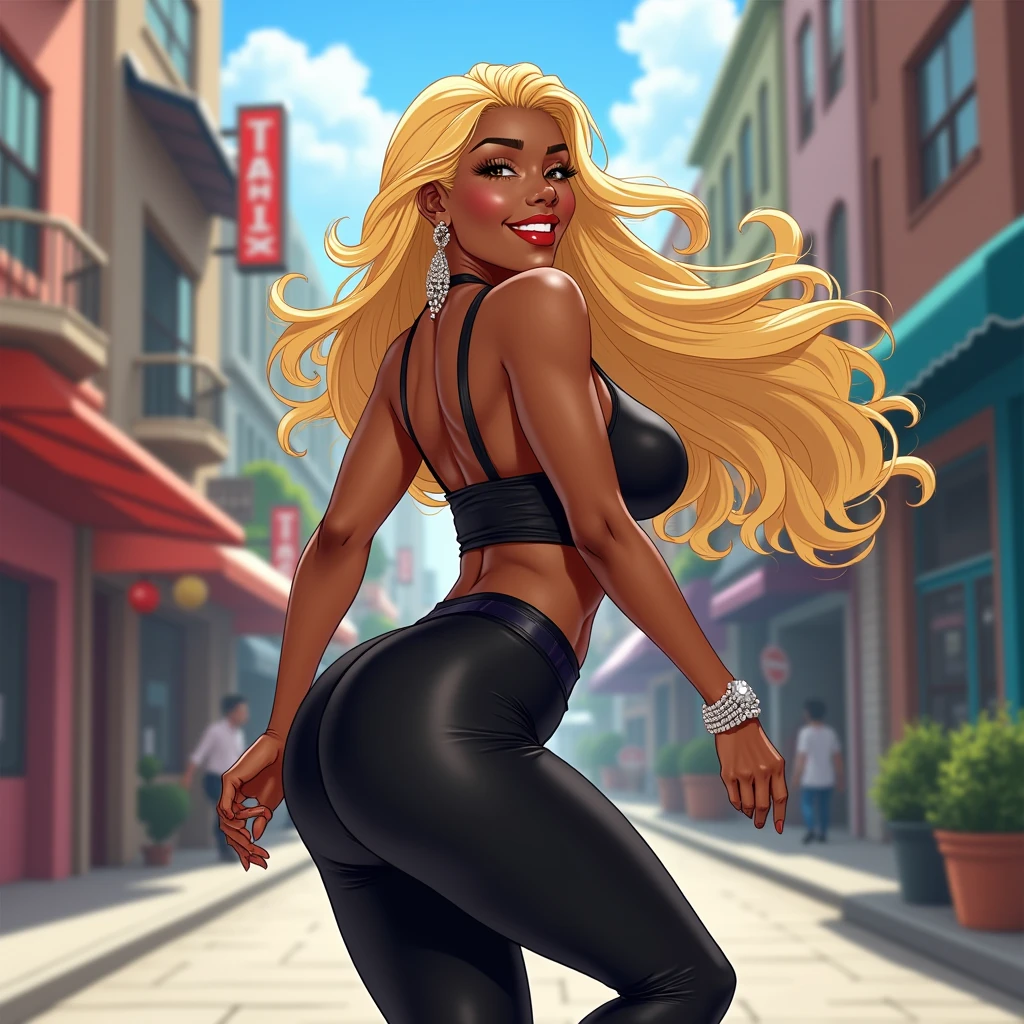 score_9, score_8_up, score_7_up, score_6_up, score_anime, rating_safe,
gyaru mother, street, closed eyes, smile, look back, dark skin,
((dynamic pose)), ((dynamic angle)), ((dynamic effect)),
1girl, mature female, (aged up), (50 years old),
((gigantic_breasts)),
((very long hair)), blonde hair,
skinny,