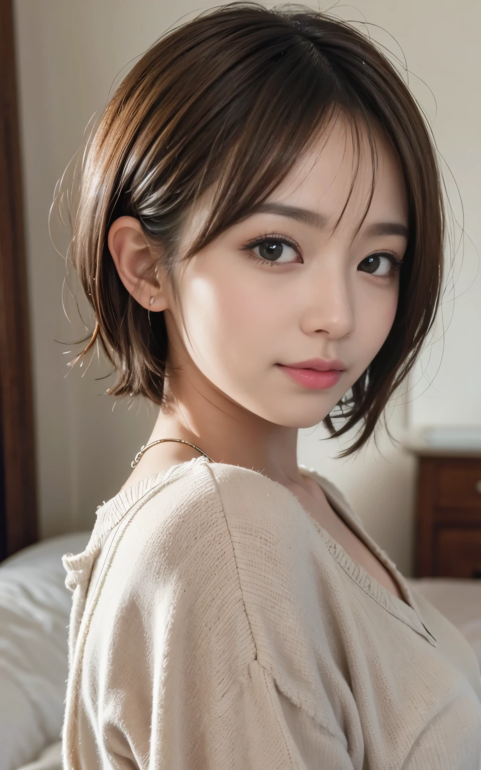 cute 2 japanese、on the bed、Cute autumn clothes、super detail face、pay attention to details、double eyelid、beautiful thin nose、sharp focus:1.2、Beautiful woman:1.4、(light brown hair,short cut hair, white skin、highest quality、masterpiece、ultra high resolution、(Photoreal:1.4)、nice smile