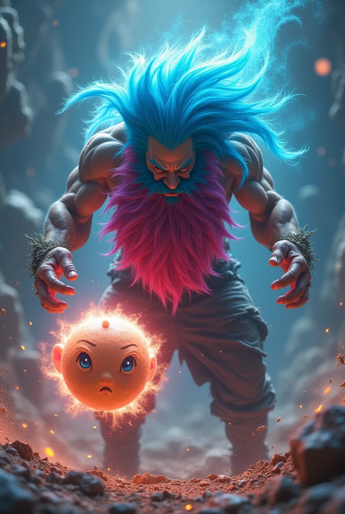 Blue haired man with pink beard destroying a baby faced planet