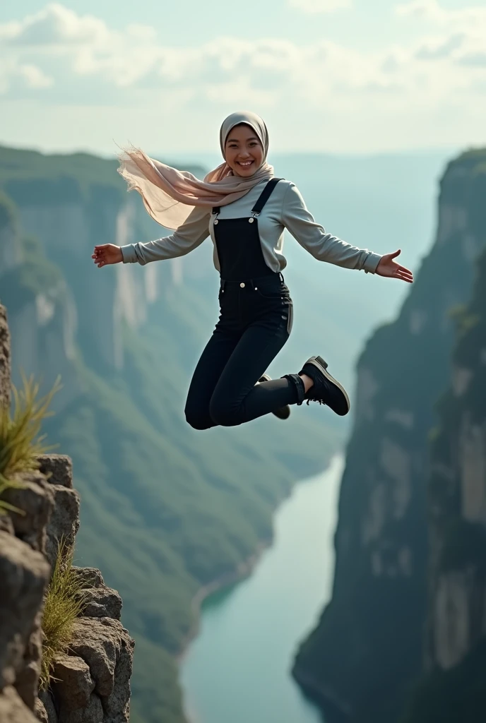 A asian woman with long hijab flowing wearing long black overall jeans sporty, jump free fall on the edge of a steep and terrifying cliff, face Smilling looking at the camera