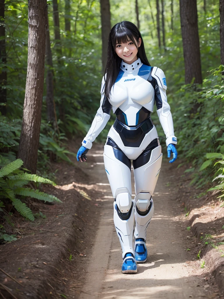 Japanese female android,Black Hair,White and blue robot suit,Plump,Walking on the dirt in the forest,Close-up,smile,