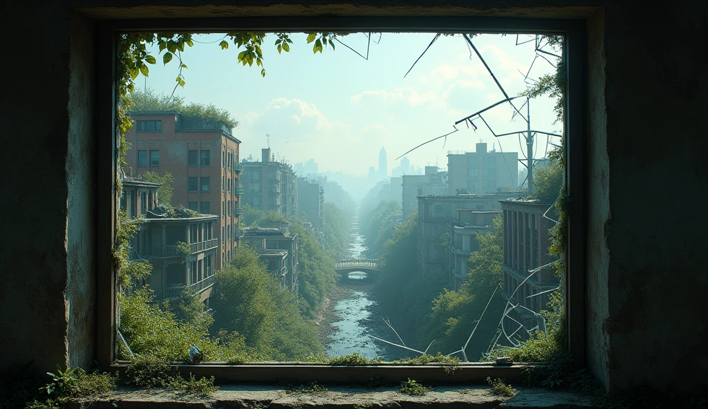 View outside through a broken glass window in a room in an abandoned city