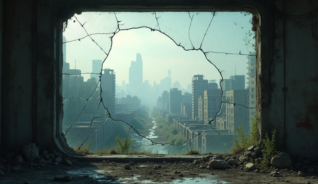 View outside through a broken glass window in a room in an abandoned city