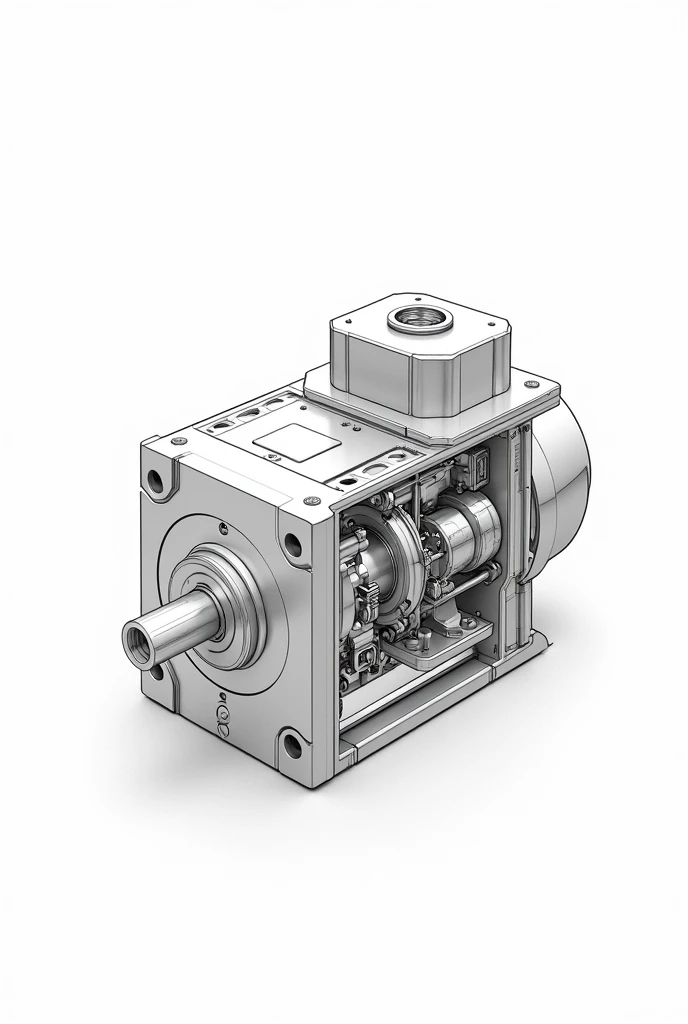 make a black and white schematic of a servo motor like a drawing, show the anther and other parts, white background, 2D, no labels, no text