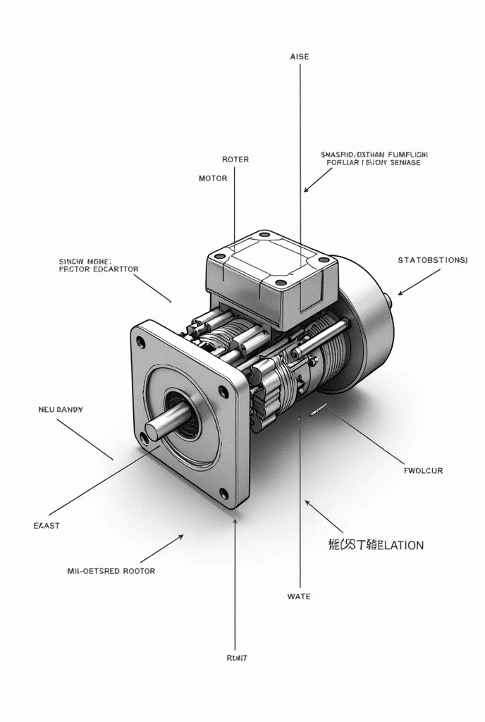make a black and white schematic of a servo motor like a drawing, show the anther and other parts, white background, 2D, no labels, no text

