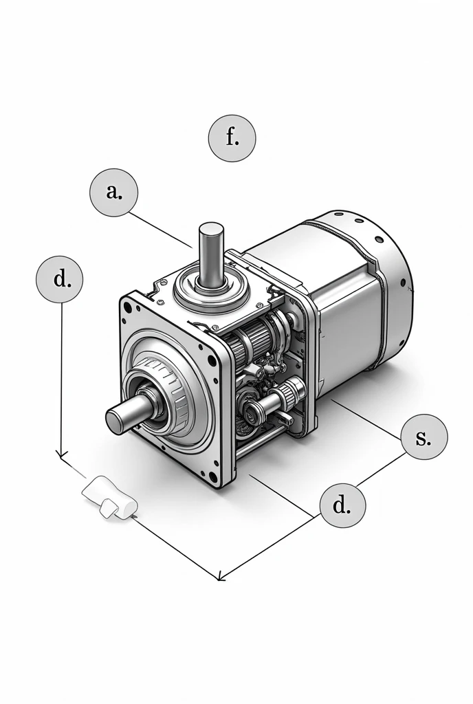 make a black and white schematic of a servo motor like a drawing, show the anther and other parts, white background, 2D, no labels, no text

