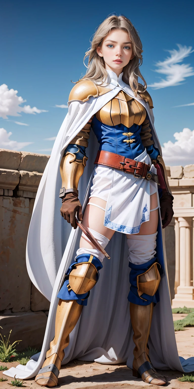 (masterpiece, best quality), 1girl, KnightFFT, long hair, SHITE SILVER hair, blue eyes, WHITE cape, armor, WHITE dress, belt, gloves, boots