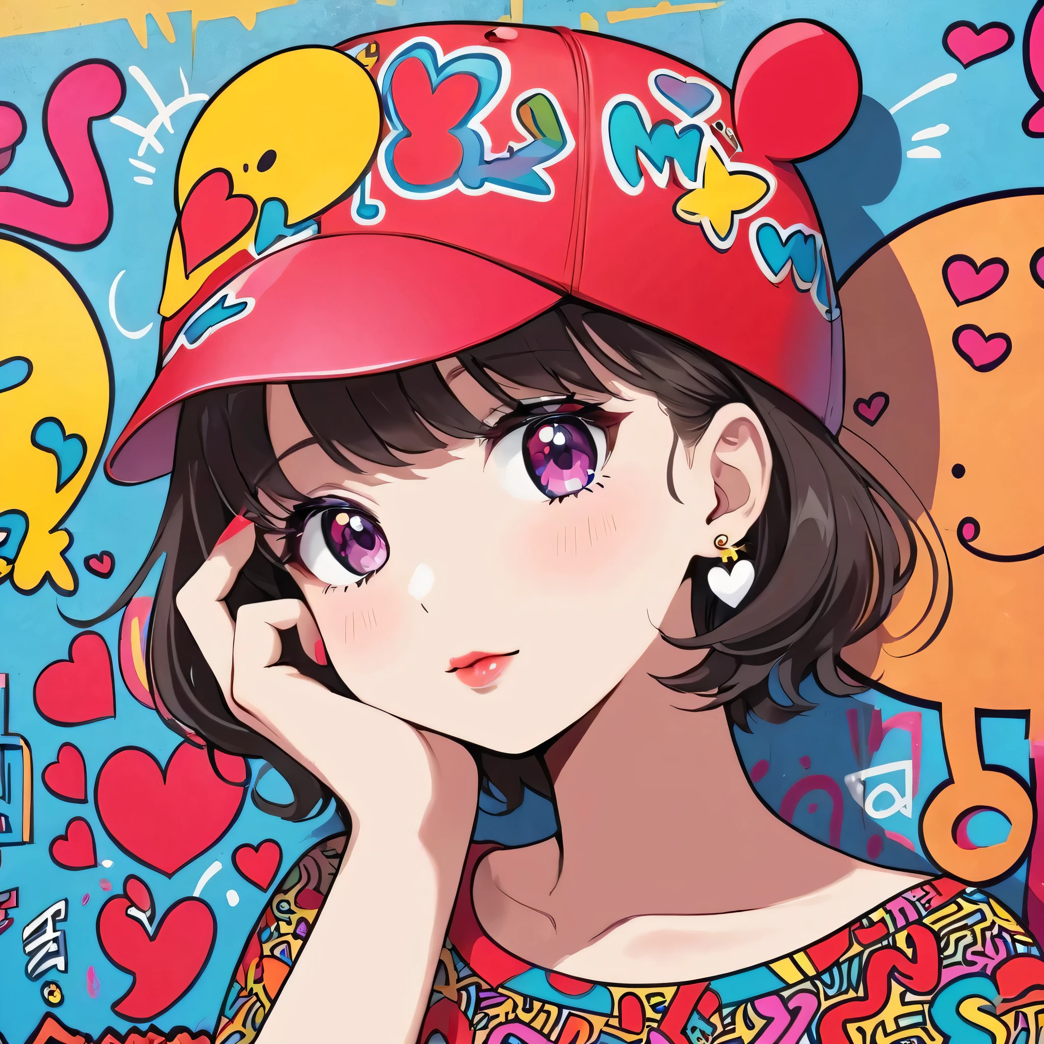 Keith Haring colorful style, Simple Line Initialism,Abstract art,(((The most beautiful girl of all time))), Lips in love, Dark Eyes, The background is filled with colorful graffiti., stylish design
