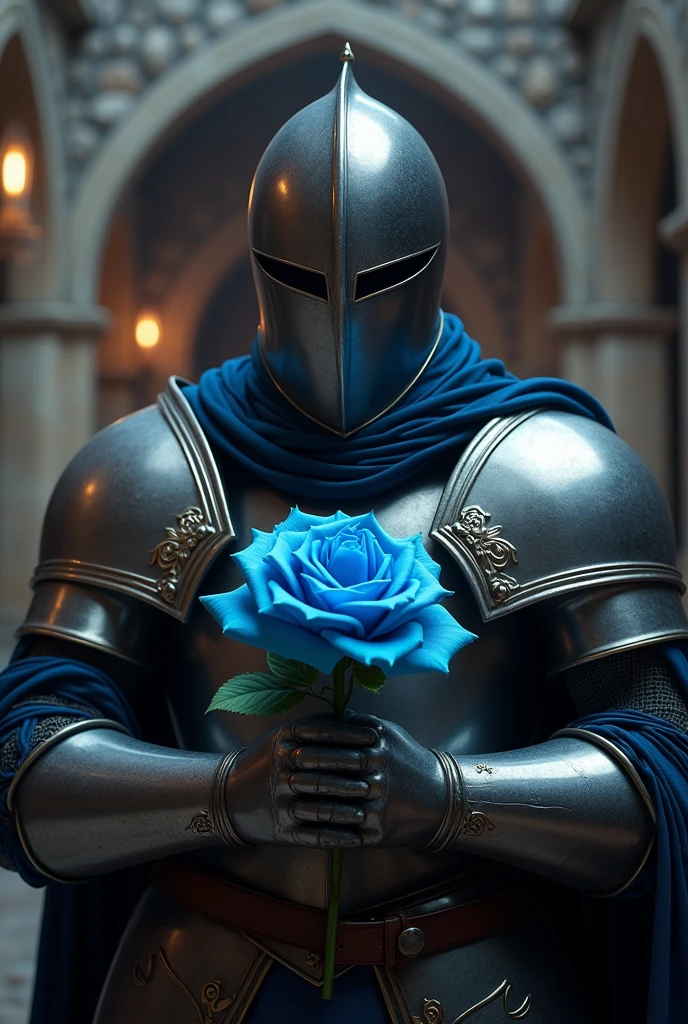 A medieval knight with a helmet covering his face delicately holding a blue rose