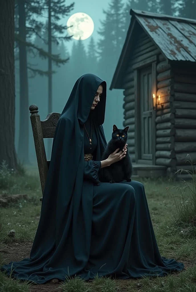 a woman dressed as a witch with a black robe, in her hands she has a black cat. She is sitting on an old wooden chair outside an old cabin in the woods in the middle of the night, there is a full moon.