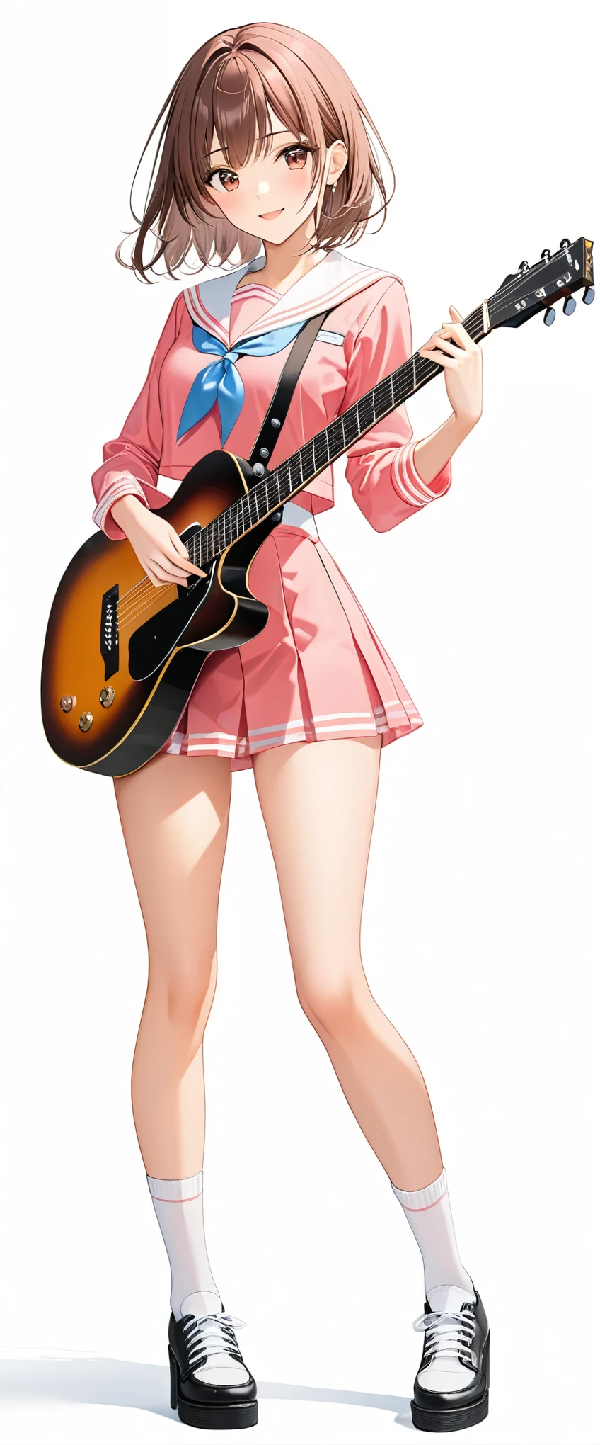 (((White background:1.5)))、(((The subject and guitar are in full view:1.5))),(((full body:1.2)))、(((masterpiece、Ultra HD、Highest quality、Masterpiece、8k:1.2)))、Slender body、High girl playing electric guitar、(Pink Sailor Suit) 、Brown Bob、(((A dynamic pose:1.5)))、Perfect Style、8Head to Body、smile、Are standing、White socks、mini skirt、looks fun