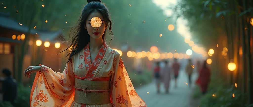Summer Kimono，moonlight，lights，(Summer Festival，fiesta)，firefly，bamboo forest，Face lens，Smile，Clogs