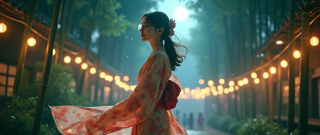 Summer Kimono,moonlight,lights,(Summer Festival,fiesta),firefly,bamboo forest,Face lens,Smile,Clogs