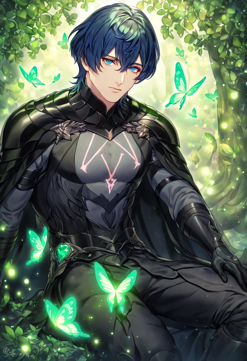 absurdres, highres, ultra detailed, HDR, master piece, best quality, extremely detailed, detailed eyes, Byleth, dark blue hair, expressive blue eyes, Fire Emblem Three Houses, solo, sexy man, sensual, handsome, manly man, sitting, adult face, black cape, black clothes, black gloves, black pants, under a green tree, fantasy, magical, glittering fireflies, green butterflies, green flames, magic, green leaves