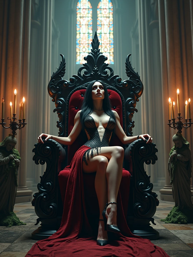 A female demon Succubi sitting on a throne inside a gothic church altar
