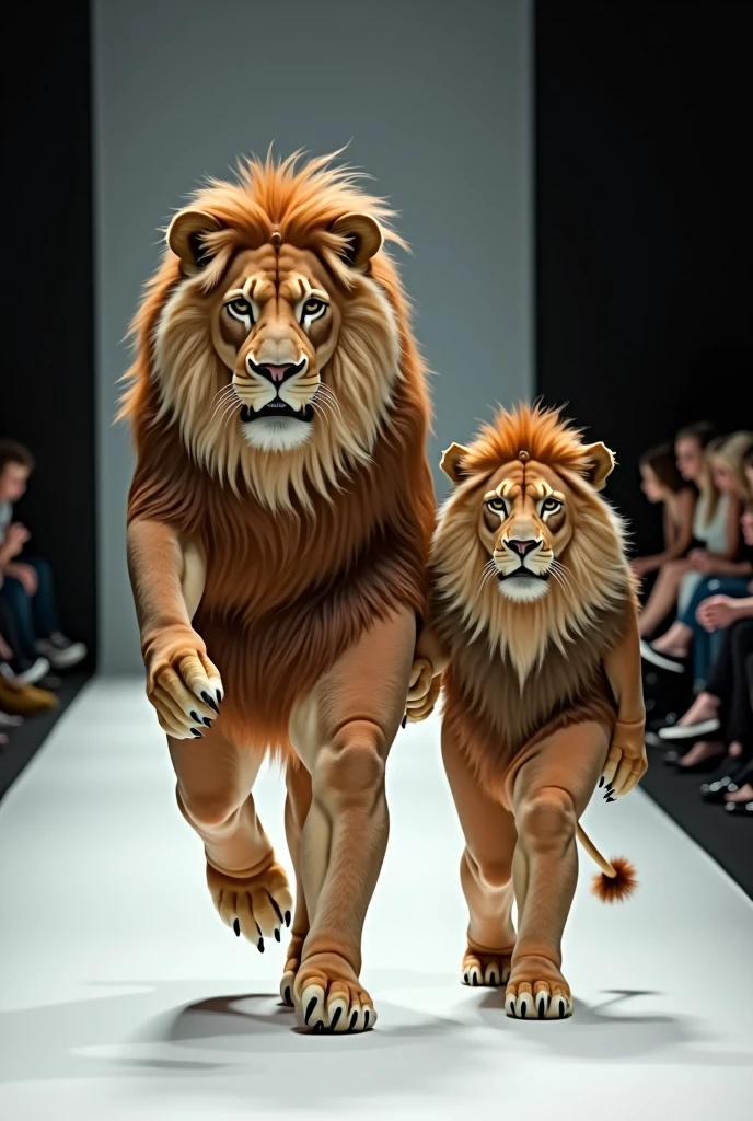 Excessive detail: mother, daughter and boy dressed as lions walking in a fashion show just like in real life.