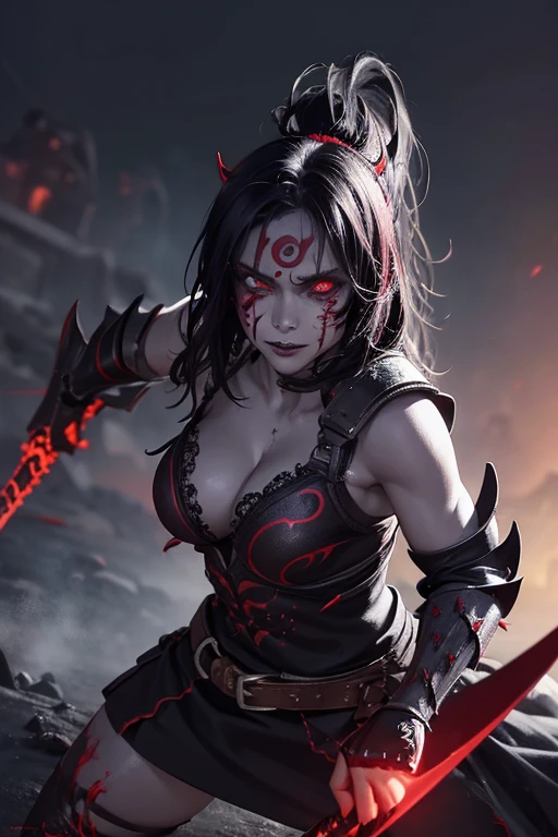girl, Rotten Zombie Warrior, Evil look, sexy, Wield a spear, Demon Armor, Face Paint, Body Paint, Red glowing eyes, Combat Stance, Vibrant appearance, Creative Action, Imaginative, Sensual, Voluntary, Highest quality, Skin Texture, Intricate details, (Cinema Lighting), RAW Photos, 8k