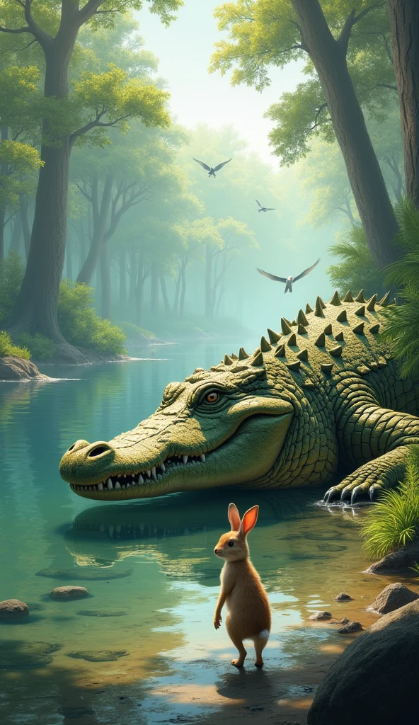 A large, green crocodile with a muscular build rests on the muddy bank of a calm lake, partially submerged in water. Nearby, a small, light brown rabbit stands in the shallow water, looking alert. The background features lush greenery and misty trees, with birds flying in the sky above. The scene captures a juxtaposition of predator and prey in a tranquil, natural setting.
